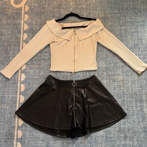 Ribbed Off-Shoulder Top and Black Faux Leather Shorts Set
